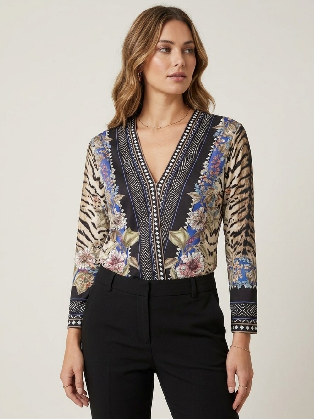 Hale Bob Tiger & Floral Print V-Neck Top